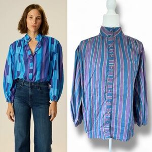 Natalie Martin NWT Cotton Iris Top Batik Stripe Blue Purple Lavendar Oversided S